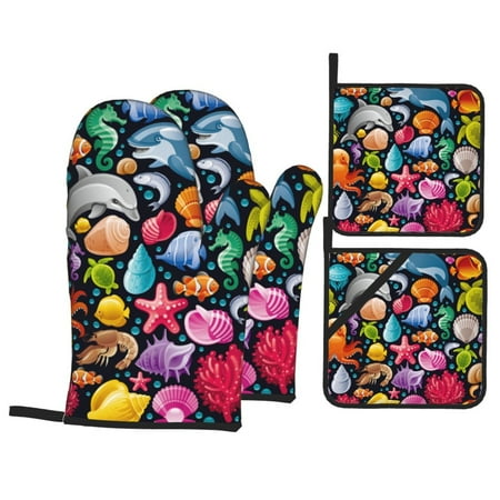 

Oven Mitts and Pot Holders Sets 4 pcs - Underwater Diving Animals Heat Resistant Silicone Oven Gloves with Non-Slip Silicone Surface and hot pads for kitchen Baking Cooking BBQ
