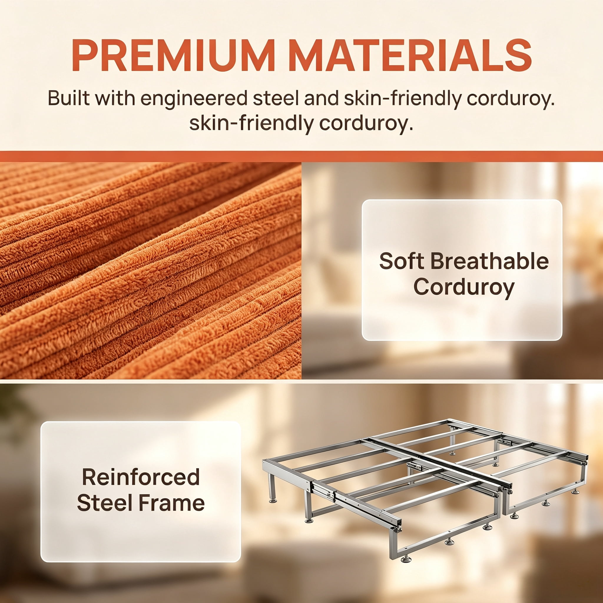 3-in-1 King Size Sleeper Sofa Bed, 94.5" Corduroy Convertible Pull Out Couch with Steel Frame, Modern Folding Lounge Sofa for Living Room, Orange