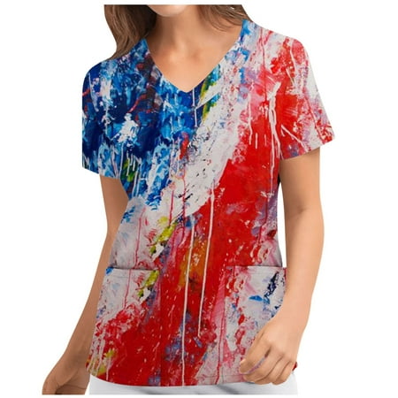 

Gaecuw American Flag Scrub Tops Independence Day Summer Tops for Women Fashion Short Sleeve V Neck Tops Working Uniform with Pockets Blouse Tops Red White Blue Shirts Usa Themed Graphic Tees Red XL