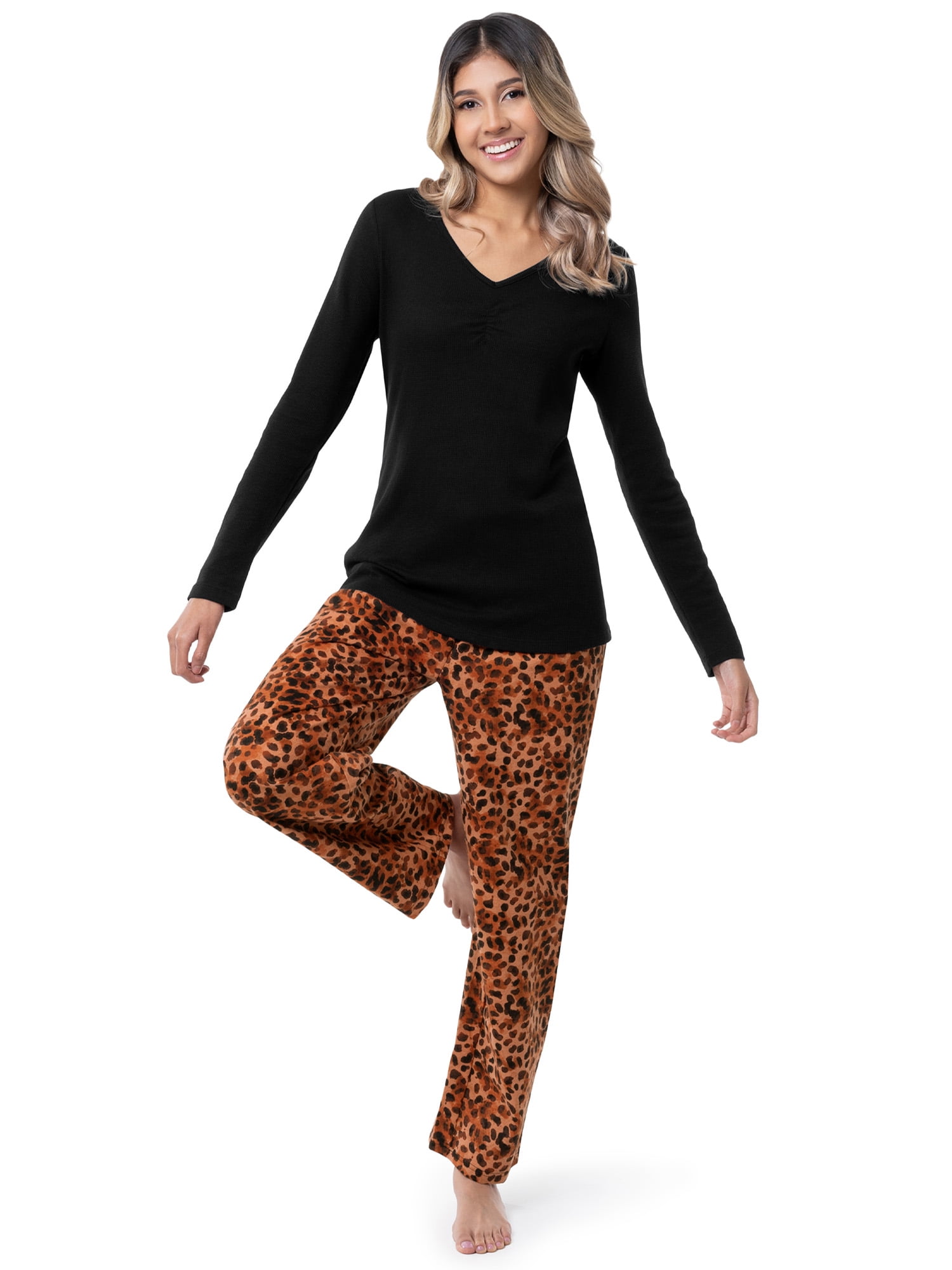 Fruit of the Loom Women's Beyond Soft Long Sleeve Waffle Top and Flannel Bottom Pajama Set, Sizes S-4X