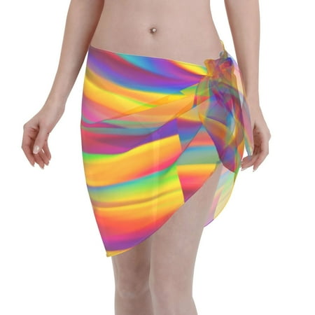 Adobk Women Beach Sarong Bathing Suit Lines Multicolored Rainbow Print Wrap Skirt Sheer Bikini Swimsuit Cover Ups For Swimwear
