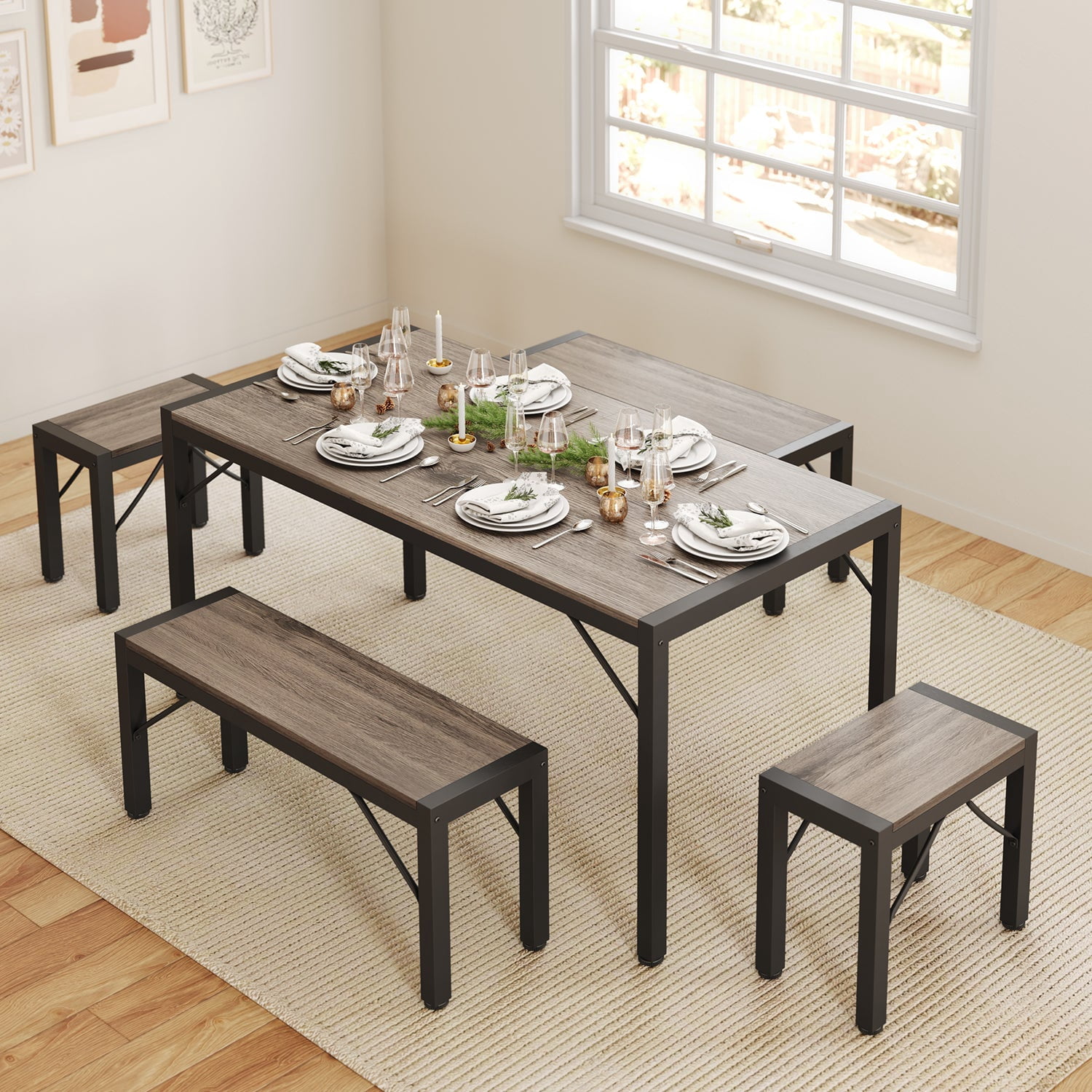Aiho Dining Table Set for 6 Person, 63" Kitchen Table with 2 Benches & 2 Stools, Space Saver Dining Set for Kitchen, Dining Room, Living Room, Gray