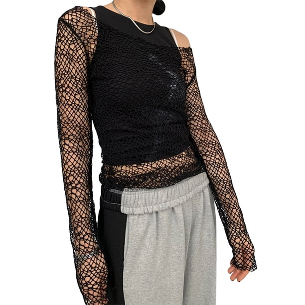 SAYOO Tops transparentes de malla para mujer, estilo informal para mujer, color sólido, hombros descubiertos, manga larga, hueco, delgado, pareo de playa SAYOO Moda