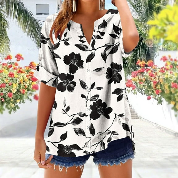 New trending & for spring GaThRRgYP Womens Blouses under $10,Women's V-neck Non Positioning Printed Summer Button Short Sleeved Loose and Fashionable T-shirt Top Khaki S
