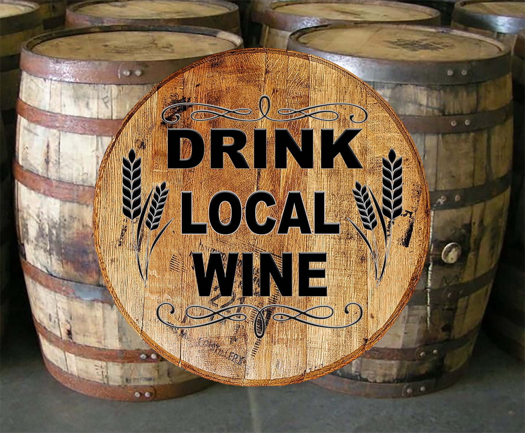 Whiskey Barrel Head Drink Local Wine Bar Sign Home Decor Wall Art