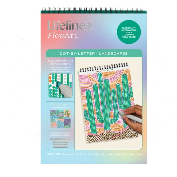 Lifelines FlowArt Dot-by-Letter Activity Pad, Guided Dot Art Meditations with 4 Double-Sided Markers, Landscapes Scenes, 20 Pages
