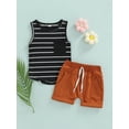 thumbnail image 3 of Baby Boys Summer Outfit Sets Sleeveless O Neck Striped Vest + Solid Color Drawstring Shorts 0-24 Months, 3 of 9