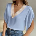 thumbnail image 3 of Blusa con manga de pétalo Top Guipur Encaje Cuello en V Blusa de manga corta con pétalos para verano Primavera Azul XL, 3 of 8
