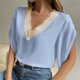 thumbnail image 3 of Blusa con manga de pétalo Top Guipur Encaje Cuello en V Blusa de manga corta con pétalos para verano Primavera Azul M, 3 of 8