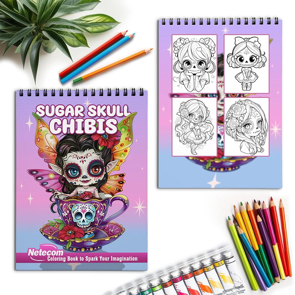 Netecom Sugar Skull Chibis Coloring Book for Adults, Spiral Bound, Soft Cover