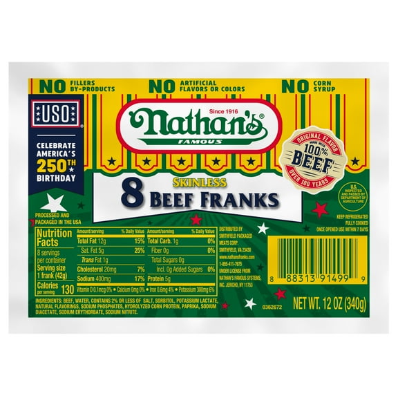 Nathan's Famous Skinless Beef Hot Dogs, 12 oz
