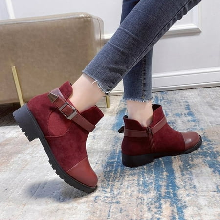 

NEGJ Fashion Women Square Heel Buckle Strap Solid Color Short Booties Round Toe Shoes