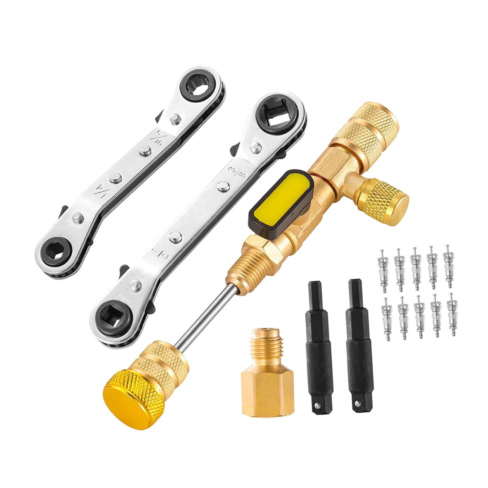 funtasica Valve Core Remover and Installer Tool Service Wrench,10 Valve Cores,Double Size SAE 1/4 and 5/16 Port for Air Conditioners