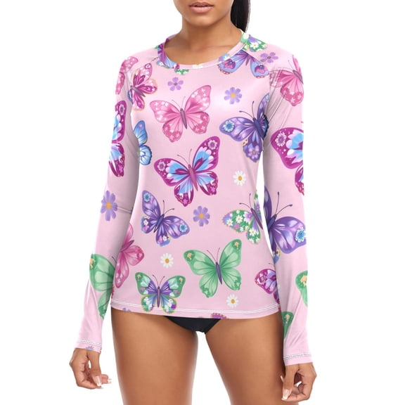 Butterflies with Flower Patterns Women's Rash Guard Shirts UPF 50 Sun Protection Clothing Long Sleeve Swim Suits XS