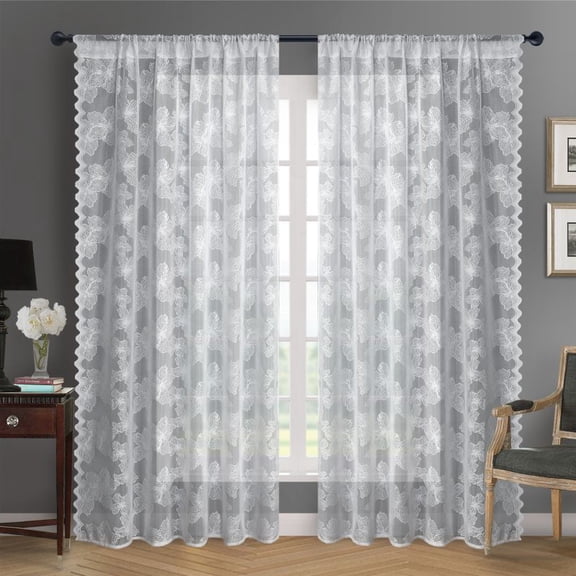 Rod Pocket Sheer Curtain Panels Vintage Floral Jacquard Voile Drapes for Bedroom Light Filtering White Panels (Set of 2)