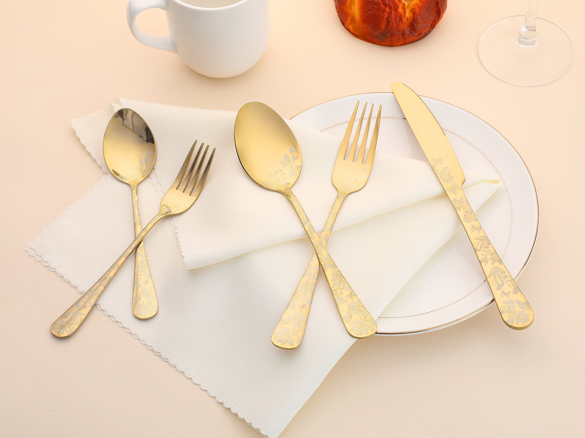 Unique Bargains 20 Pieces Stainless Steel Silverware Set Flatware Set Gold