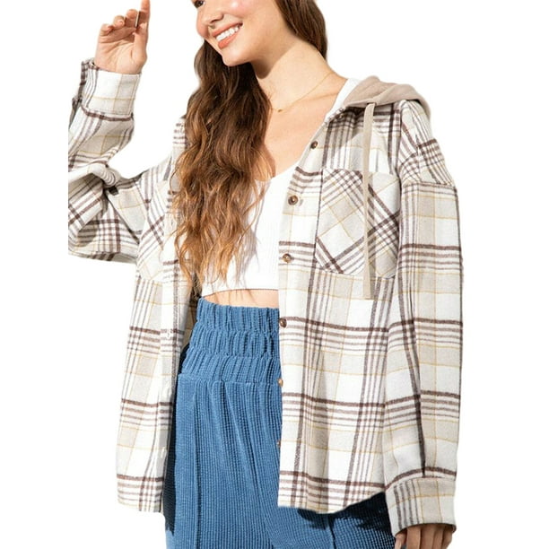 Txlixc Chaqueta a cuadros para mujeres, chaqueta de botón con capucha de manga larga, chaqueta de calle casual Txlixc moda