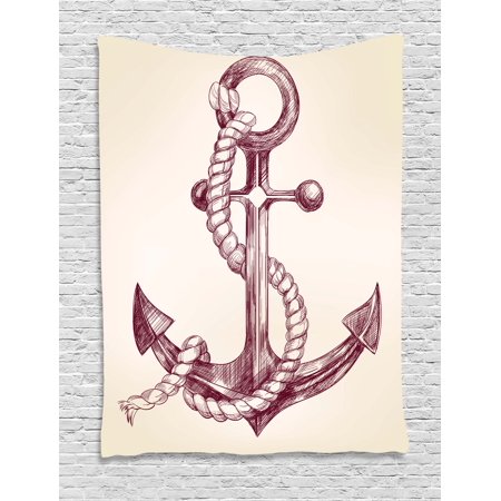 Anchor Tapestry, Realistic Hand Drawn Sketch Marine Vintage Design Sails Yacht Boat Cruise, Wall Hanging for Bedroom Living Room Dorm Decor, 40W X 60L Inches, Dark Mauve Cream, by