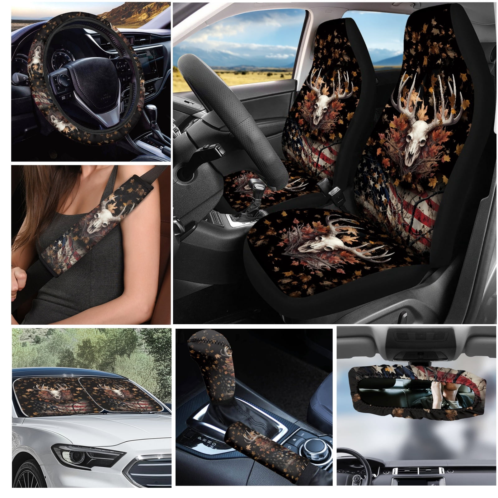 Yuyamidu Deer Car Seat Covers Full Set with Steering Wheel Cover Seat Belt Strap Pads American Flag Gear Shift Cover Hand Brake Cover Sun Visor Car Coasters Rearview Mirror Cover Keychain 16 PCS
