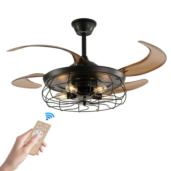 48" Black Industrial Cage Ceiling Fan with Light and Remote, Quiet Reversible DC Motor, 6-Speed Adjustable Airflow, Hardwired for Bedroom, Living Room, Office (Bulbs Not Included)