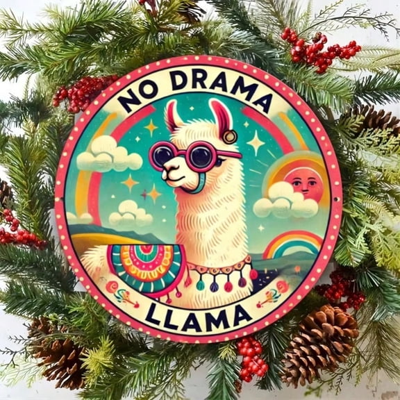 HELLOYOUNG No Drama Llama Metal Sign 8x8 Inch Round Wall Art Cute Decor for Indoor Outdoor Home Bedroom