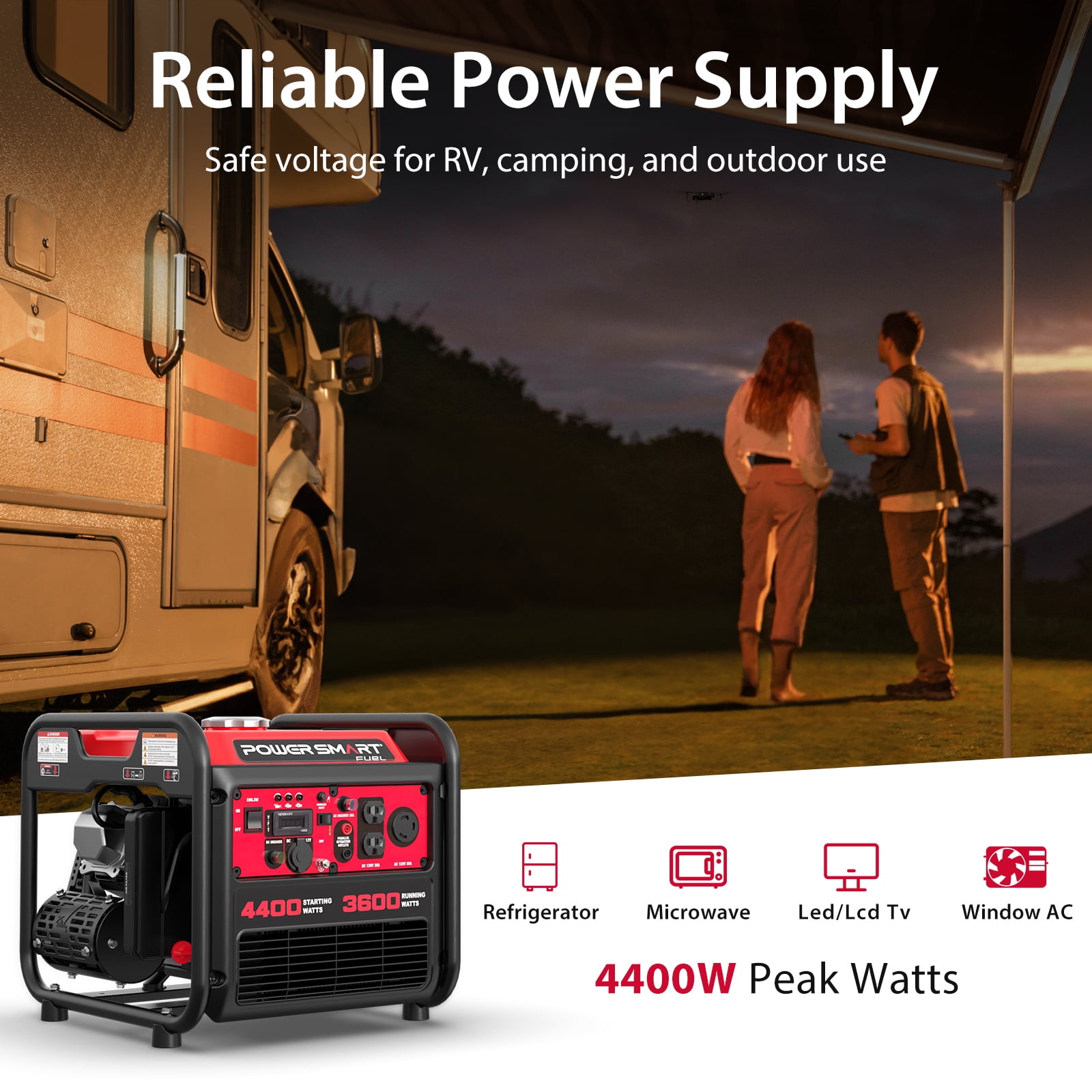 PowerSmart 4400-Watt Gas Fuel Powered Inverter Generator Portable Open Frame Outdoor Camping Backup