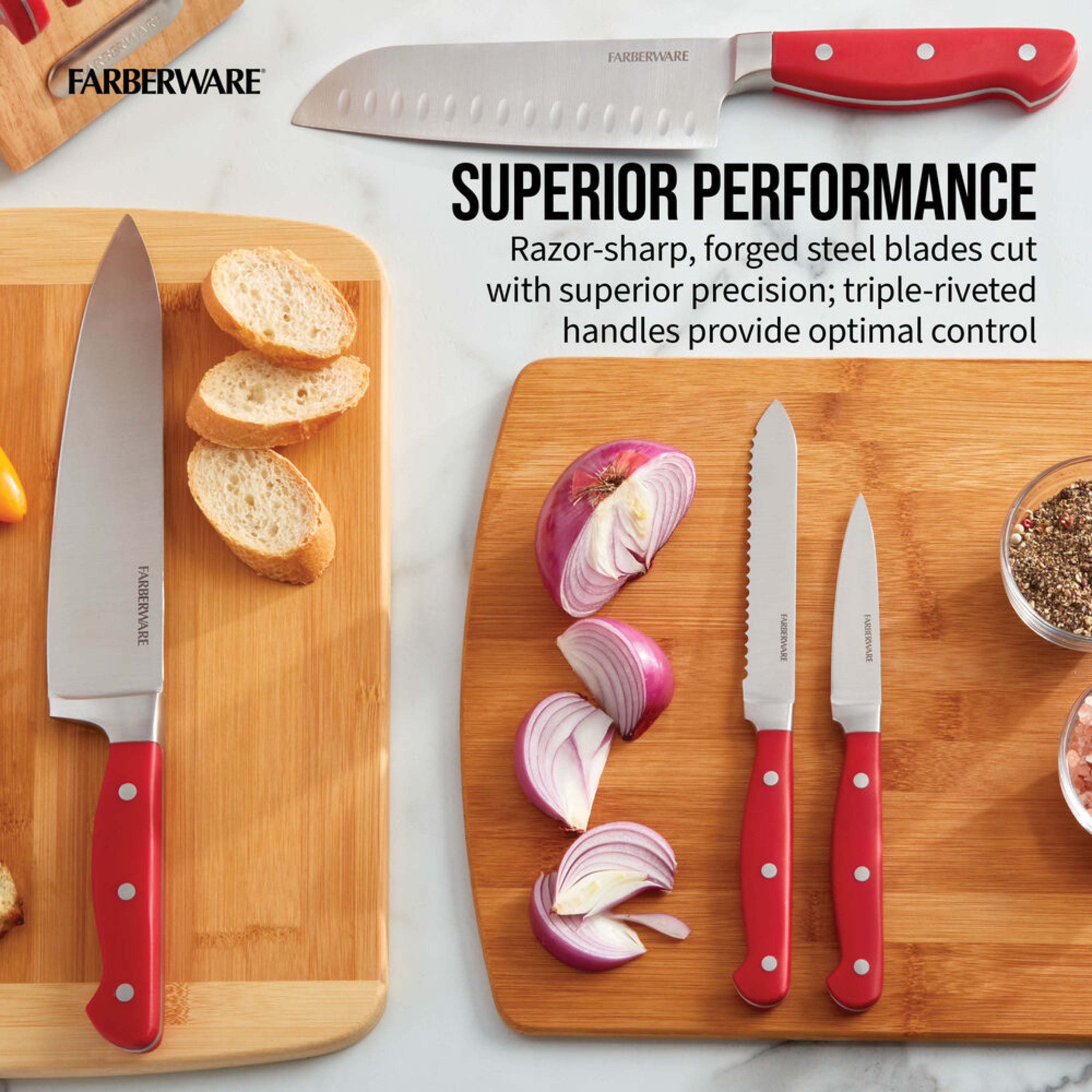 Farberware 8 pieces Stamped Triple Riveted Kitchen Knife Set Red