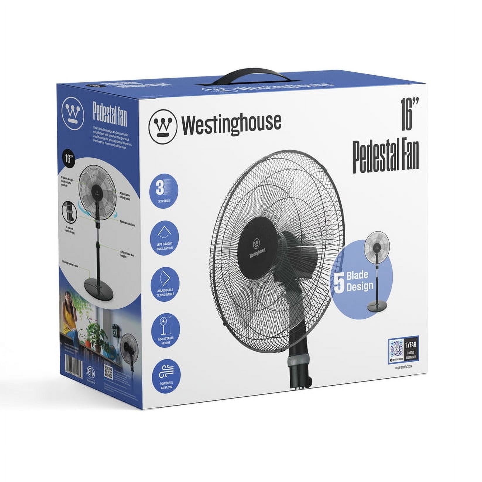 Westinghouse 16-inch Pedestal Fan, 5 Blade Design, 3 Speeds