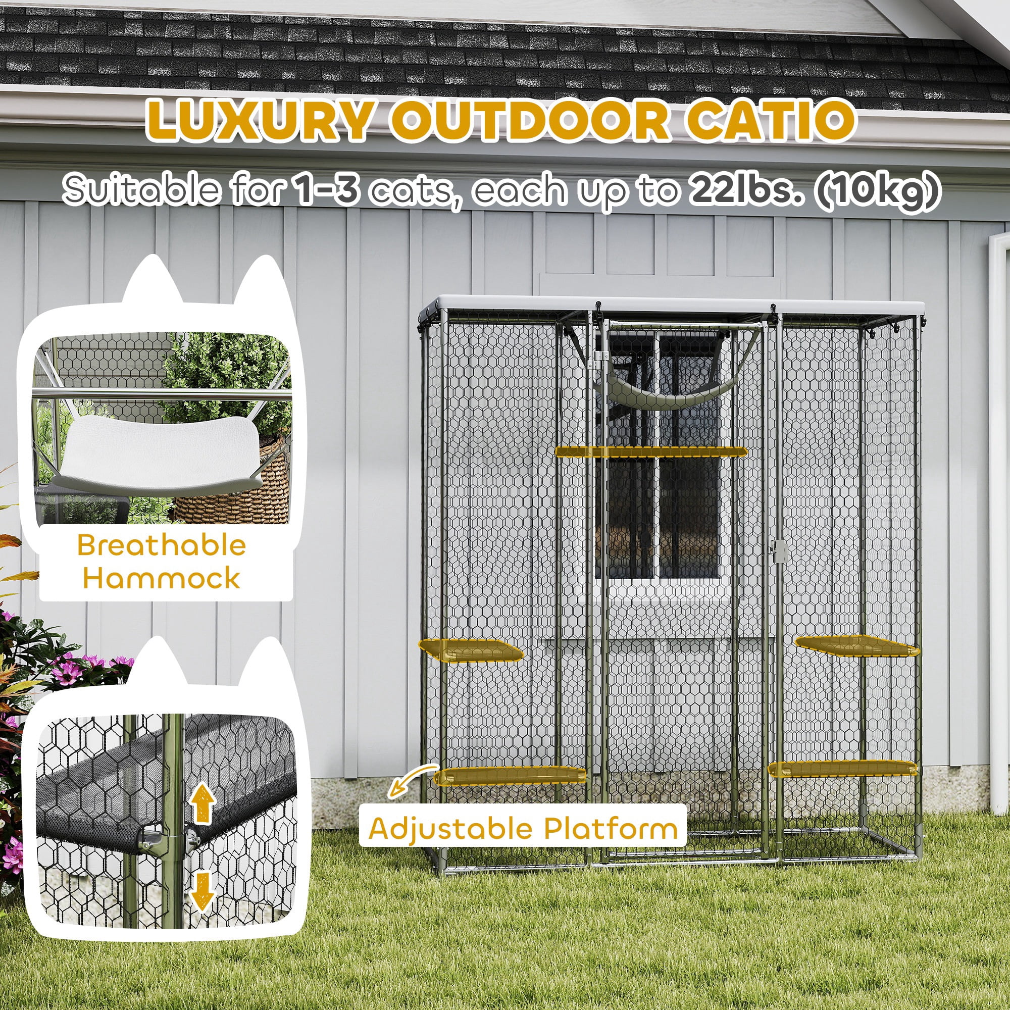 PawHut Large Catio Outdoor Cat Enclosure, Galvanized Steel Walk-in Cat Cage with Waterproof Cover, 5 Adjustable Platforms, Hammock