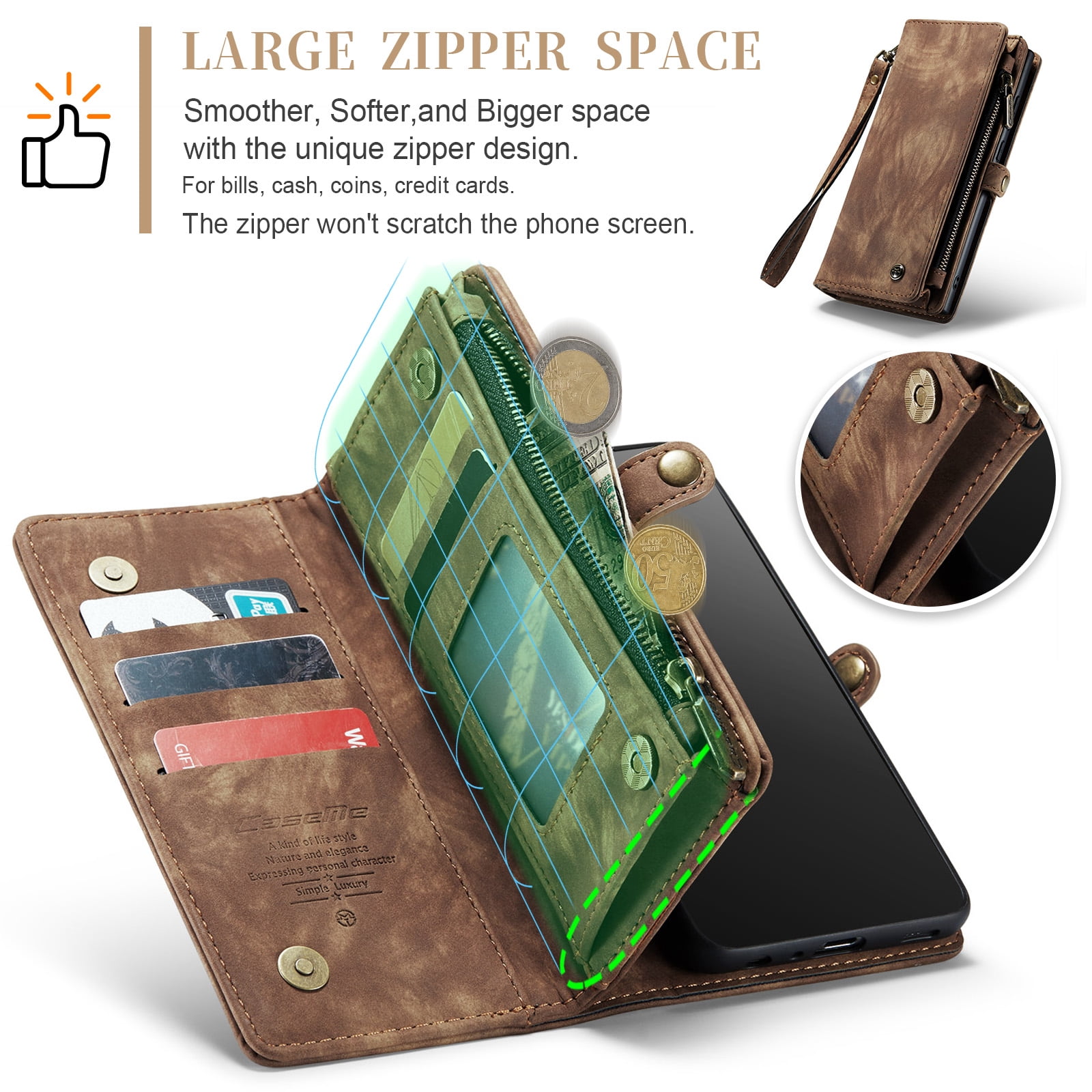 Feishell Durable 2- In-1 Magnetic Detachable Wallet Case for Samsung Galaxy A52 4G/5G,for Women Men,Premium PU Leather Zipper Pocket Flip Multi Card Slots Purse Phone Case with Wrist Strap,Darkbrown