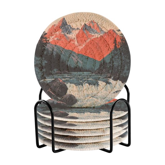 Yayeee 6 PCS Drink Coasters with Holder Set Woven Absorbent Round Tabletop Hot Pad, Mountains at Dawn