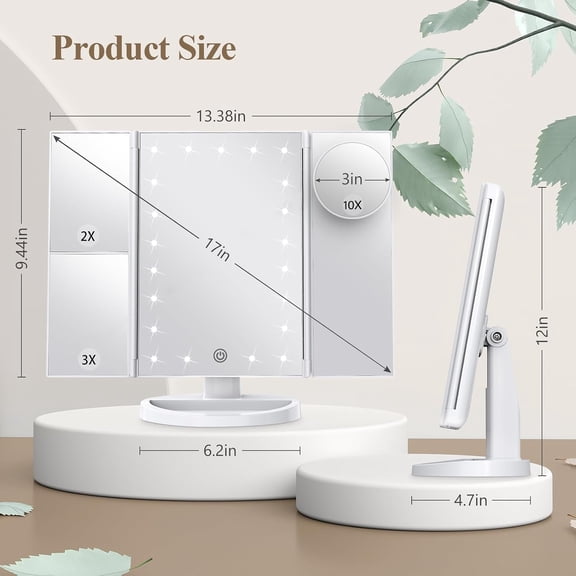 Lighted Trifold Makeup Mirror, 2X/3X/10X Magnifying Vanity Mirror, Adjustable Brightness USB Rechargeable Portable Cosmetic Mirror for Home & Travel