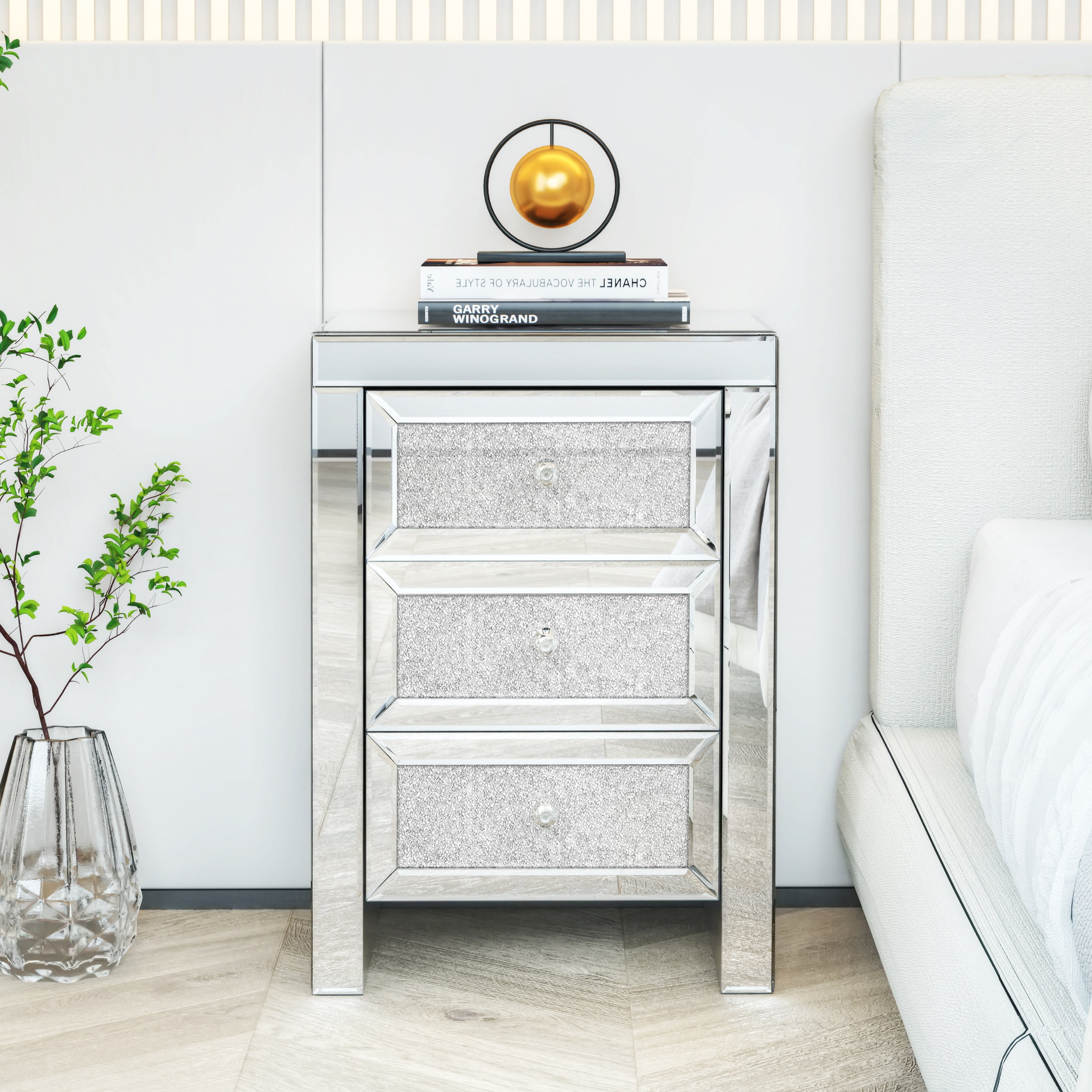 Mirrored Mini Cabinet Nightstand Silver with Three Drawers,for Bedroom,  Dressing Room and Living Room - Walmart.com