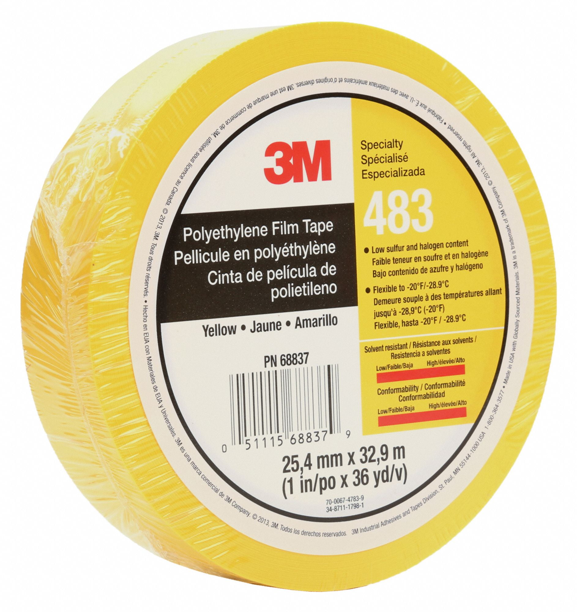 3M 483 Film Tape,1 in x 36 yd,Red,5.3 mil 