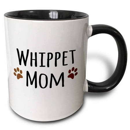 

3dRose Whippet Dog Mom - Doggie by breed - muddy brown paw prints - doggy lover - proud pet owner mama love - Two Tone Black Mug 15-ounce