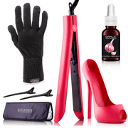 StyleHair 7 in 1 Flat Iron Set with Cinderella Flat Iron Holder, Hair Treatment Serum, Hair Clips, Heat Protectant Case & Gloves - Straightens |Waves|Curls - Red