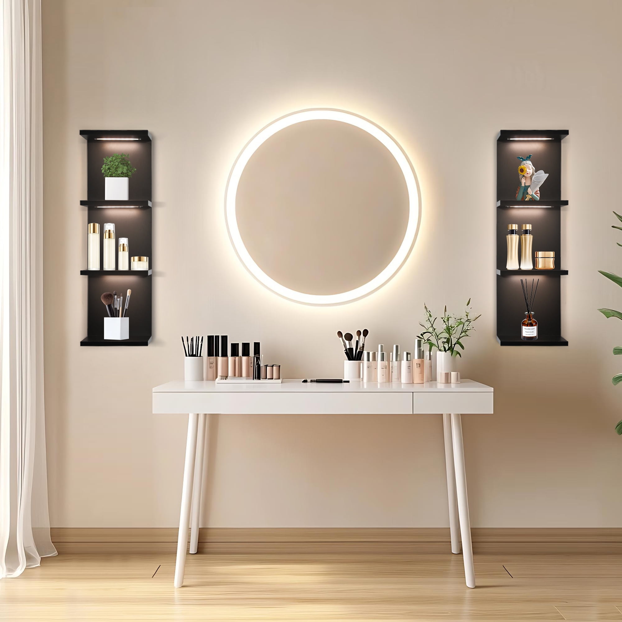 Versatile 4 Tier Wall Shelf Unit,Black Lack Wall Shelf,Display Floating Shelf with LED Remote Control Light