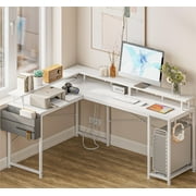 GIKPAL 95" Computer Desk, L Shaped Desk with Power Outlet & LED Strip, Gaming Desk with Monitor Stand, Storage Shelf and Storage Bag for Home Office, White
