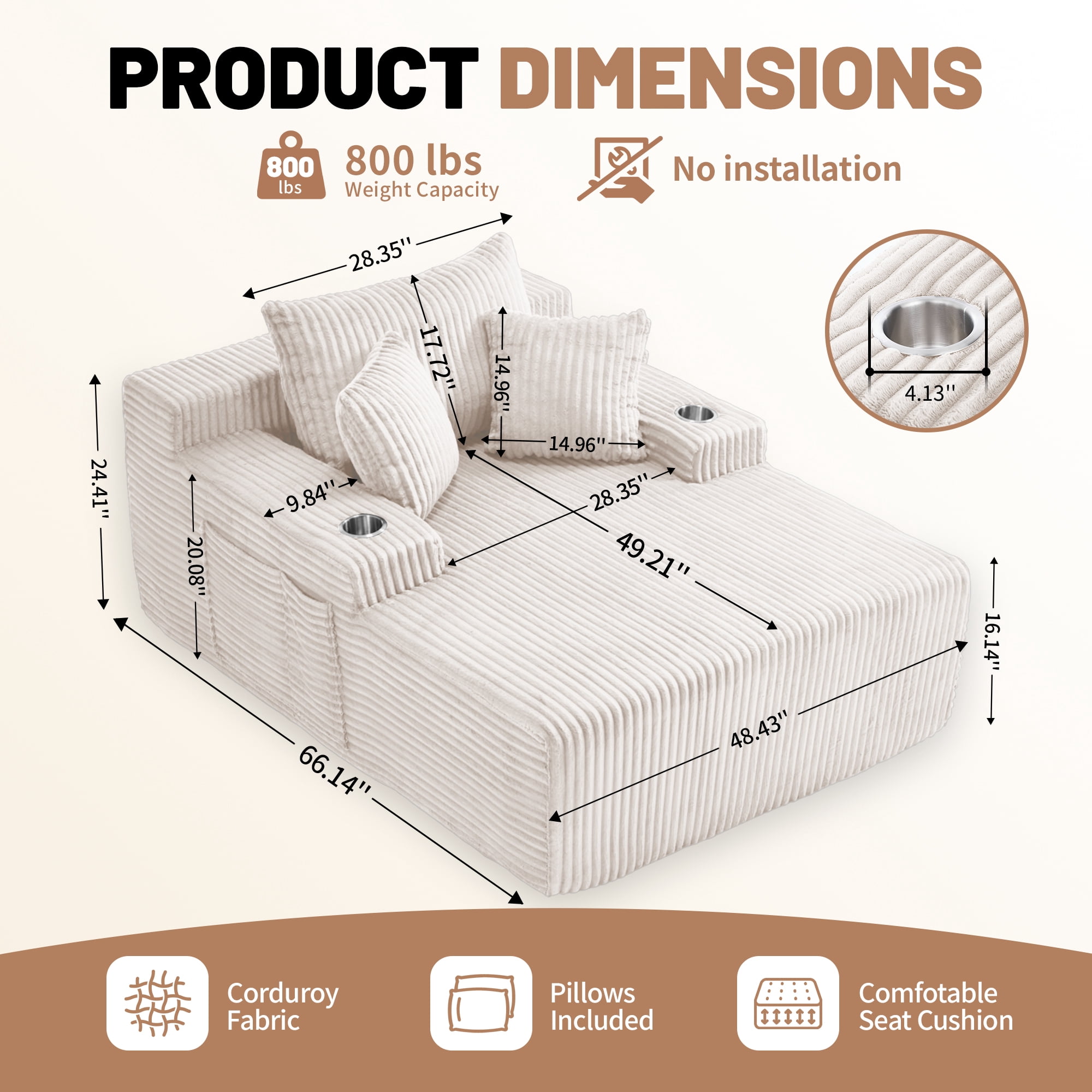 66 Inch Chaise Lounge Chair for Indoor Use, Oversized Corduroy Upholstered Boneless Sofa Bed, Deep Seat Sleeper Couch, No Assembly Required，800lb Support white