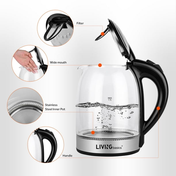 LIVINGbasics 1.7 L Glass Electric Kettle Water Boiler Tea Kettle with LED Indicator Light Auto Shut Off Boil Dry Protection BPA Free
