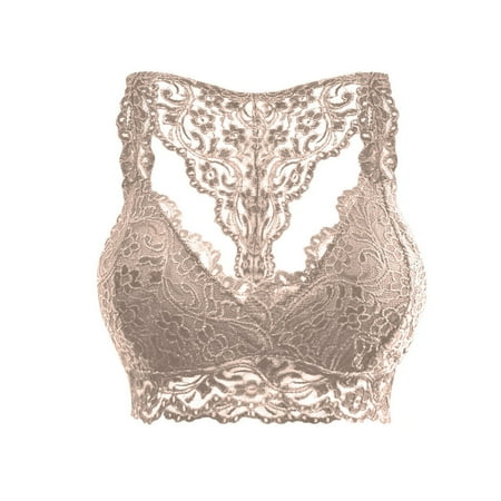 

Gaiseeis Ladies Erotic Lingerie Sexy Deep V Solid Color Lace Bra With Chest Pad Beige L