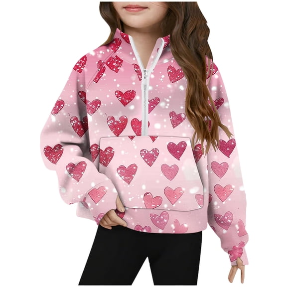 FAWUUDO Valentines Gift for Girls Big Youth Size Pullover Half Zip Stand Collar Thumb Hole Long Sleeve Casual Printed Sweatshirt Pink 7-8 Years