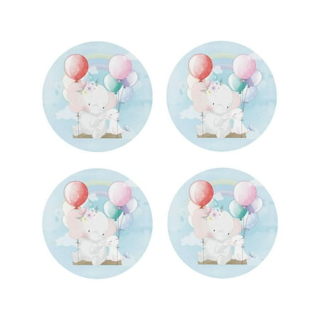 

Leather Coasters Set of 4 - Cute Elephant Bunny Flying With Balloon Lightweight Non-Slip Drink Coasters for Desk Anti-Scalding Desk Cup Coasters for Office Table Decor Round Shape