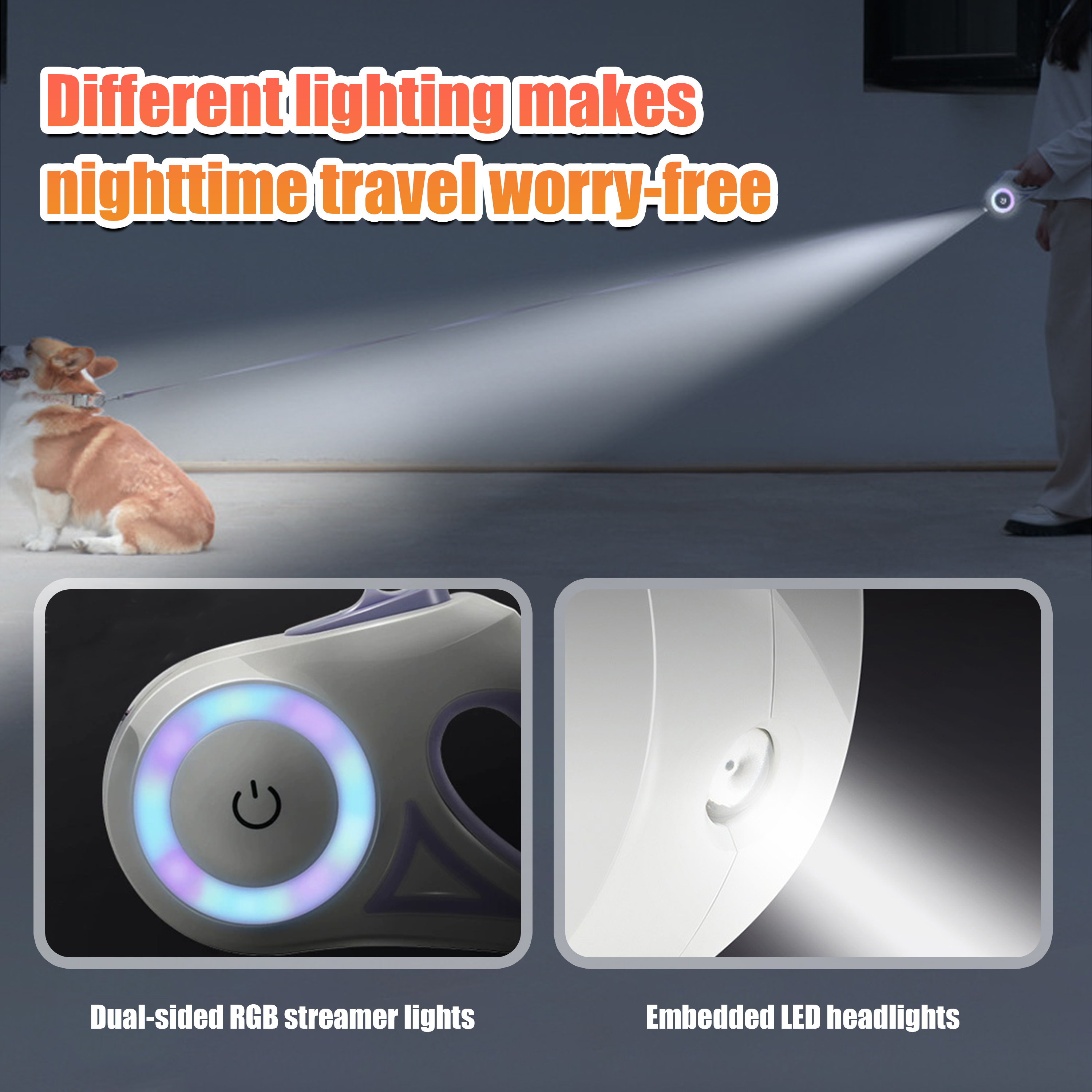 9.8FT Retractable Dog Leash with LED Light, U-Shape Tangle-Free Design & RGB Side Lights, for Small/Medium Dogs Up to 50 lbs (Batteries Not Included)