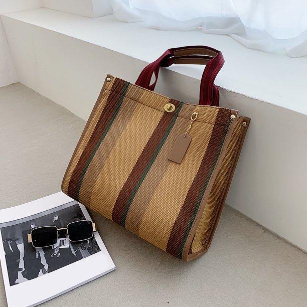 Bolso de hombro Bolso femenino simple de gran capacidad con asa superior informal a rayas (L) Marrón