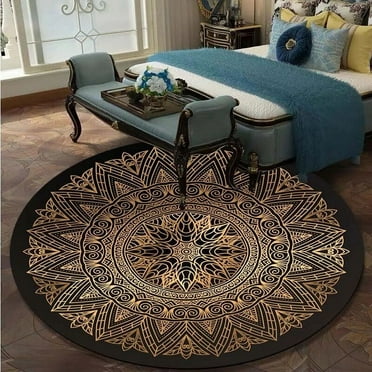 Retro Black And Gold Flowers Round Carpet Lotus Chair Floor Mat Soft Carpets For Living Room Anti-slip Rug Bedroom r Carpet