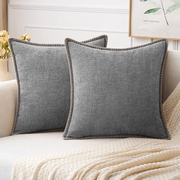 Pack of 2 Couch Throw Pillow Covers 18x18 Inch Dark Gray Farmhouse Decorative Pillow Covers with Stitched Edge Soft Chenille Solid Dyed Spring Pillow Covers for Sofa Bed Living Room