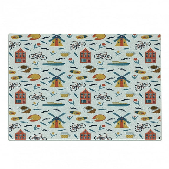 Colorful Cutting Board, Famous Dutch Motifs Pattern Illustration Designed on Plain Backdrop, Decorative Tempered Glass Cutting and Serving Board, in 3 Sizes, by Ambesonne