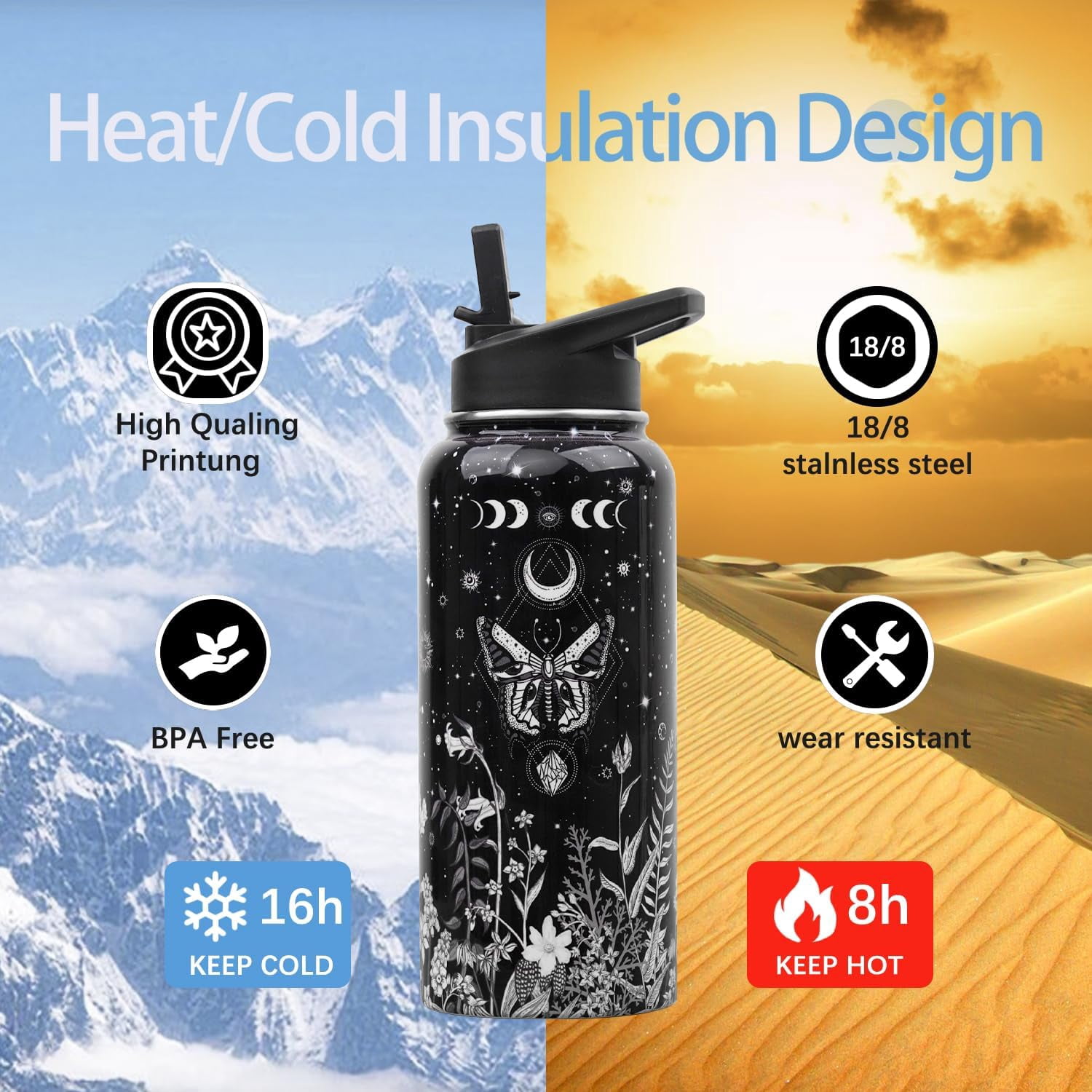 Insulated Water Bottle 32 oz, Cat Water Bottle with Straw and Lid, Reusable Leakproof Water Bottle Stainless Steel, Cat Lover Gifts for Women