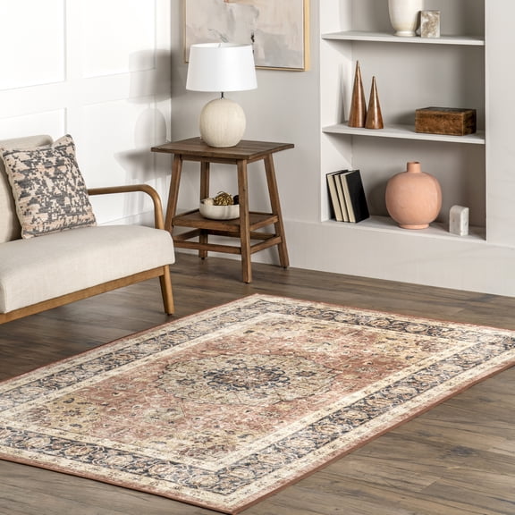 nuLOOM Jessa Faded Medallion Machine Washable Area Rug, 5' x 8', Peach